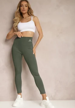 Ciemnozielone Legginsy High Waist z Gumką w Pasie Cloen
