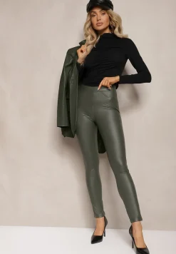 Ciemnozielone Legginsy z Imitacji Skóry High Waist Noriel