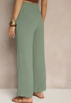 Ciemnozielone Szerokie Spodnie High Waist z Gumką w Pasie Savimirae