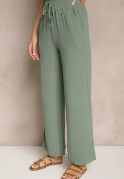 Ciemnozielone Szerokie Spodnie High Waist z Gumką w Pasie Savimirae