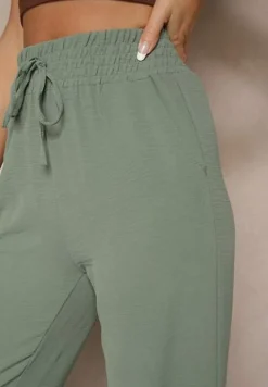 Ciemnozielone Szerokie Spodnie High Waist z Gumką w Pasie Savimirae