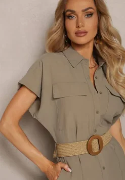 Ciemnozielony Kombinezon w Stylu Utility z Koszulową Górą i Plecionym Paskiem Dexara