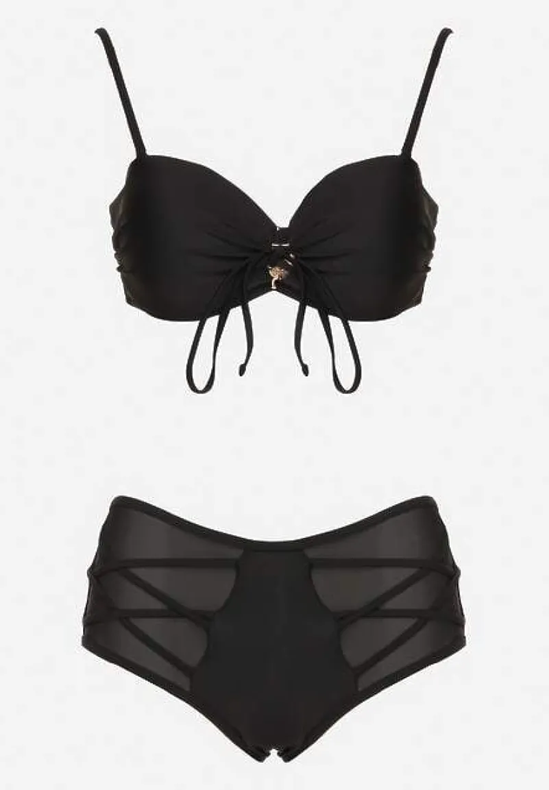 Czarne Bikini Biustonosz i Majtki Figi High Waist z Siateczkowymi Zdobieniami Kinovia