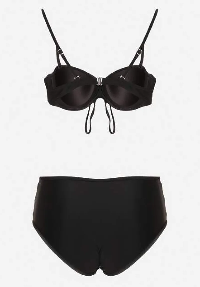 Czarne Bikini Biustonosz i Majtki Figi High Waist z Siateczkowymi Zdobieniami Kinovia