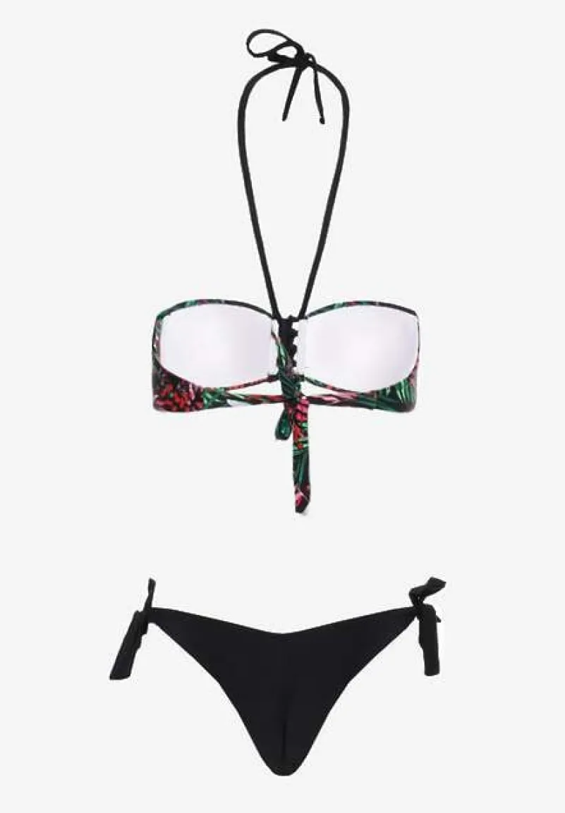 Czarne Bikini Majtki Figi ze Sznurkami po Bokach i Usztywniany Biustonosz z Wiązaniem Natmarie