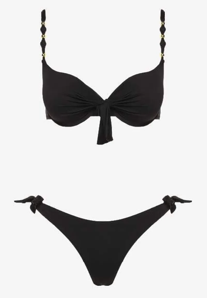 Czarne Bikini Majtki i Biustonosz z Wiązaniem Sadeenne