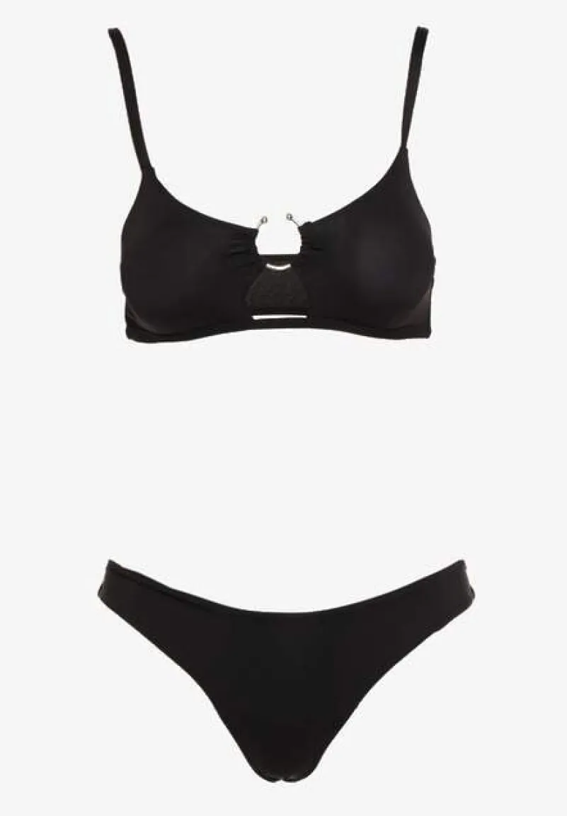 Czarne Bikini Nieodpinany Biustonosz z Usztywnianymi Miseczkami i Klamerką przy Dekolcie na Regulowanych Ramiączkach Majtki z Elastyczną Gumką w Pasie Kiaramarie