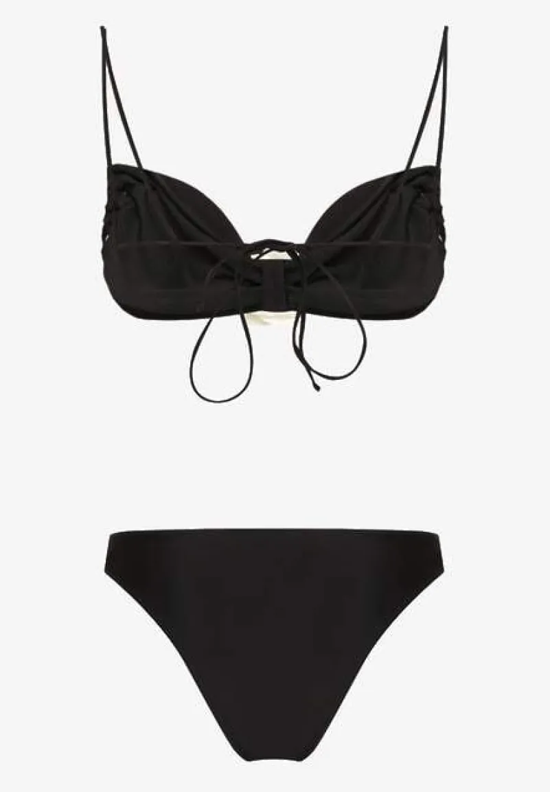 Czarne Bikini z Wiązaną Górą Ozdobione Kwiatowymi Aplikacjami Rivashan