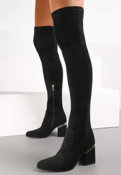 Czarne Kozaki z Imitacji Zamszu za Kolano na Słupku Umena