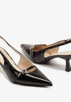 Czarne Lakierowane Sandały Slingback na Obcasie Kaczuszka Aovia