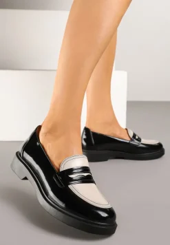 Czarne Mokasyny Lakierowane Loafersy ze Skórzaną Wkładką Reilira