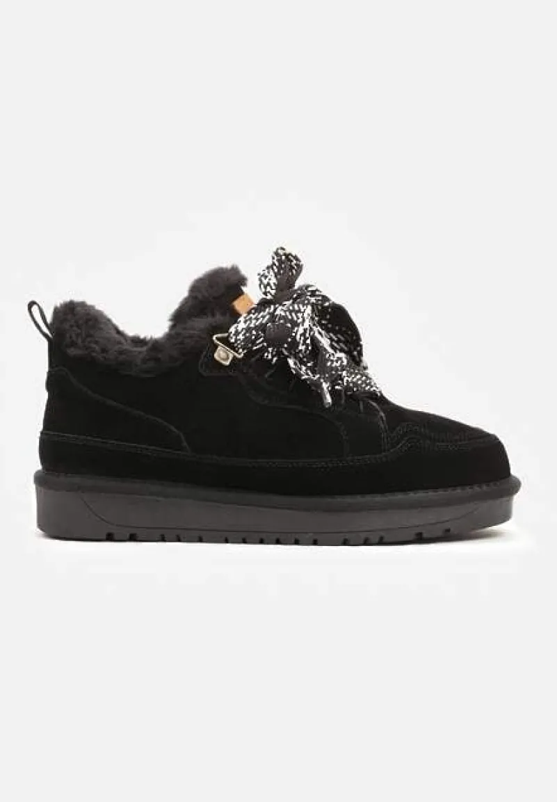 Czarne Śniegowce Typu Sneakersy ze Skóry Naturalnej Wyściełane Futerkiem Venalise
