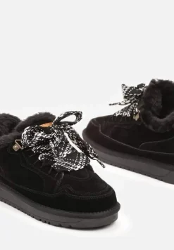 Czarne Śniegowce Typu Sneakersy ze Skóry Naturalnej Wyściełane Futerkiem Venalise