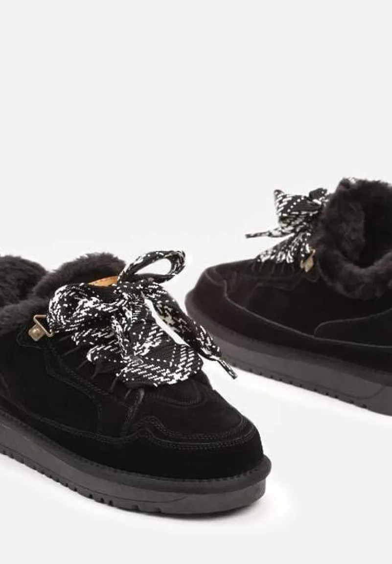 Czarne Śniegowce Typu Sneakersy ze Skóry Naturalnej Wyściełane Futerkiem Venalise