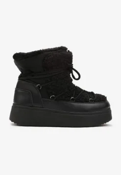 Czarne Śniegowce Vices na Platformie ze Sznurowaniem i Futerkiem Nomicea