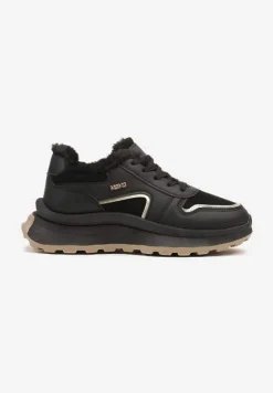 Czarne Ocieplane Sneakersy na Platformie Ozdobione Metalicznym Wzorem Iveliri