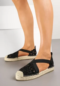 Czarne Płaskie Espadryle z Ażurową Cholewką Elearosea