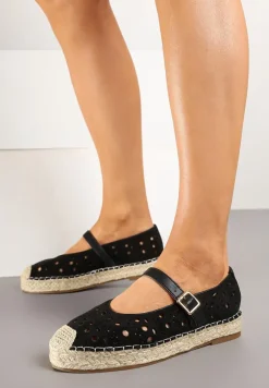 Czarne Płaskie Espadryle z Plecionką i Ażurową Cholewką Aralithra
