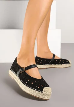 Czarne Płaskie Espadryle z Plecionką i Ażurową Cholewką Aralithra