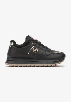 Czarne Płaskie Sznurowane Sneakersy Ocieplane Ozdobione Metalicznymi Aplikacjami Delanoria