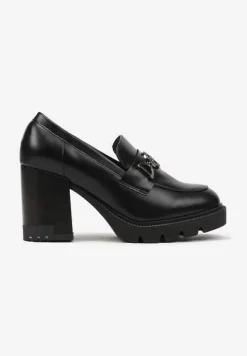 Czarne Półbuty w Stylu Loafersów na Słupkowym Obcasie Felindria
