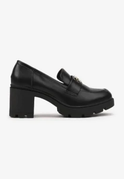 Czarne Półbuty z Ozdobną Aplikacją w Stylu Loafersów na Obcasie Firlexia