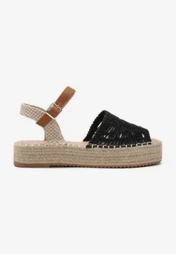 Czarne Sandały Espadryle z Plecionym Noskiem Peep Toe i Jutową Platformą Drelpa