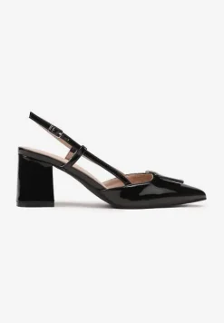 Czarne Sandały Lakierowane na Słupku Slingback z Ozdobą na Nosku Vommea