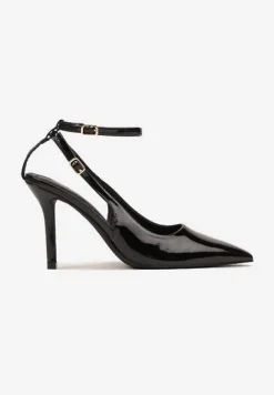 Czarne Sandały Lakierowane Vices na Szpilce Typu Slingback Dolenita