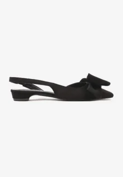 Czarne Sandały na Płaskiej Podeszwie Slingback z Kokardą Leavindra