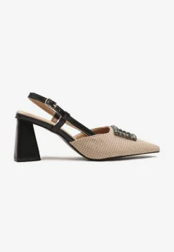 Czarne Sandały na Słupku Typu Slingback Ozdobione Cyrkoniową Aplikacją Koriarre