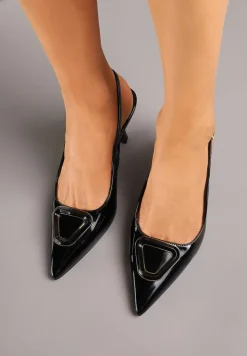 Czarne Sandały na Szpilce Vices Slingback Lakierowane z Ozdobą Ataloria