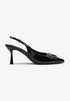 Czarne Sandały na Szpilce Vices Slingback Lakierowane z Ozdobą Ataloria