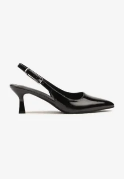 Czarne Sandały Slingback na Kaczuszce z Lakierowanym Wykończeniem Annive