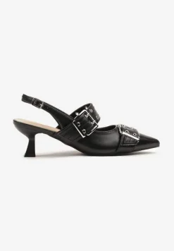 Czarne Sandały Slingback na Kaczuszce Zdobione Nitami i Klamrami Leaelia