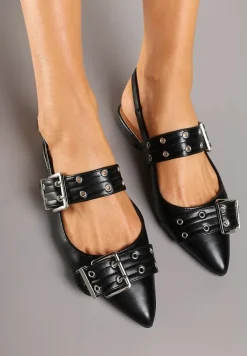 Czarne Sandały Typu Slingback z Ozdobnymi Klamrami Tathelis