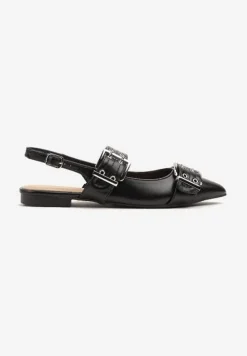Czarne Sandały Typu Slingback z Ozdobnymi Klamrami Tathelis