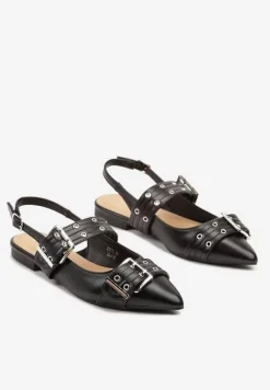 Czarne Sandały Typu Slingback z Ozdobnymi Klamrami Tathelis
