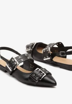 Czarne Sandały Typu Slingback z Ozdobnymi Klamrami Tathelis