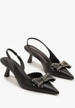 Czarne Sandały Vices na Kaczuszce Slingback z Kokardą i Nitami Fennadia