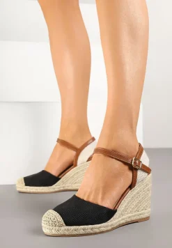 Czarne Sandały Vices w Stylu Espadryli na Koturnie z Plecionki Amoiella