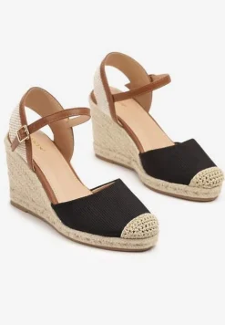 Czarne Sandały Vices w Stylu Espadryli na Koturnie z Plecionki Amoiella