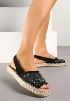 Czarne Sandały w Stylu Espadryli z Cyrkoniami na Podeszwie z Plecionki Neorwena