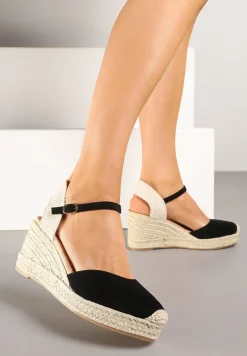 Czarne Sandały w Stylu Espadryli na Koturnie z Plecionki Nilisine