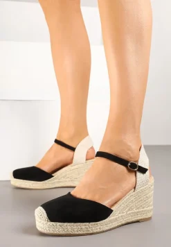 Czarne Sandały w Stylu Espadryli na Koturnie z Plecionki Nilisine
