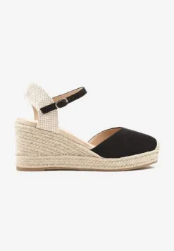 Czarne Sandały w Stylu Espadryli na Koturnie z Plecionki Nilisine