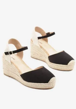 Czarne Sandały w Stylu Espadryli na Koturnie z Plecionki Nilisine