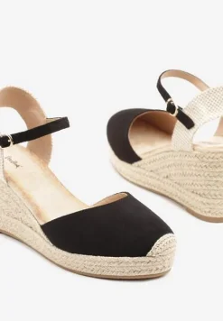 Czarne Sandały w Stylu Espadryli na Koturnie z Plecionki Nilisine