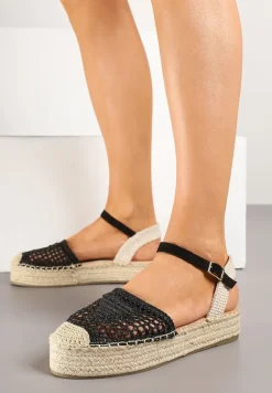 Czarne Sandały w Stylu Espadryli z Plecioną Platformą i Cholewką Elisova