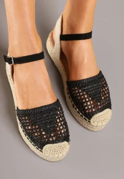 Czarne Sandały w Stylu Espadryli z Plecioną Platformą i Cholewką Elisova